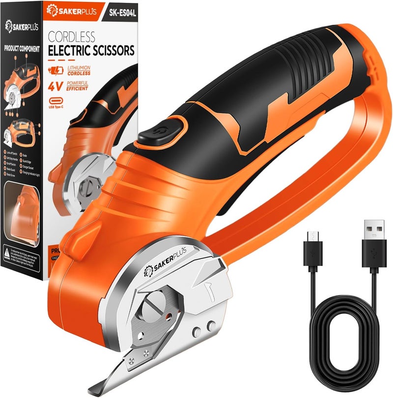 SakerPlus Cordless Electric Scissors, 4V Cardboard Cutter, Box Cutter Fabric Scissor with Safety Lock & LED Light, Rechargeable Power Rotary Cutters for Box Carpet Fabric Plastic Leather - Image 1